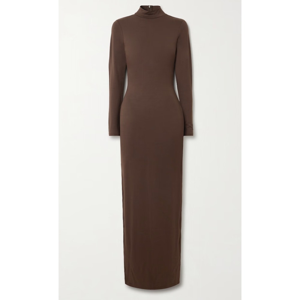SKIMS Smooth Layers Turtleneck Long Sleeve Maxi Dress Espresso Brown Modal S